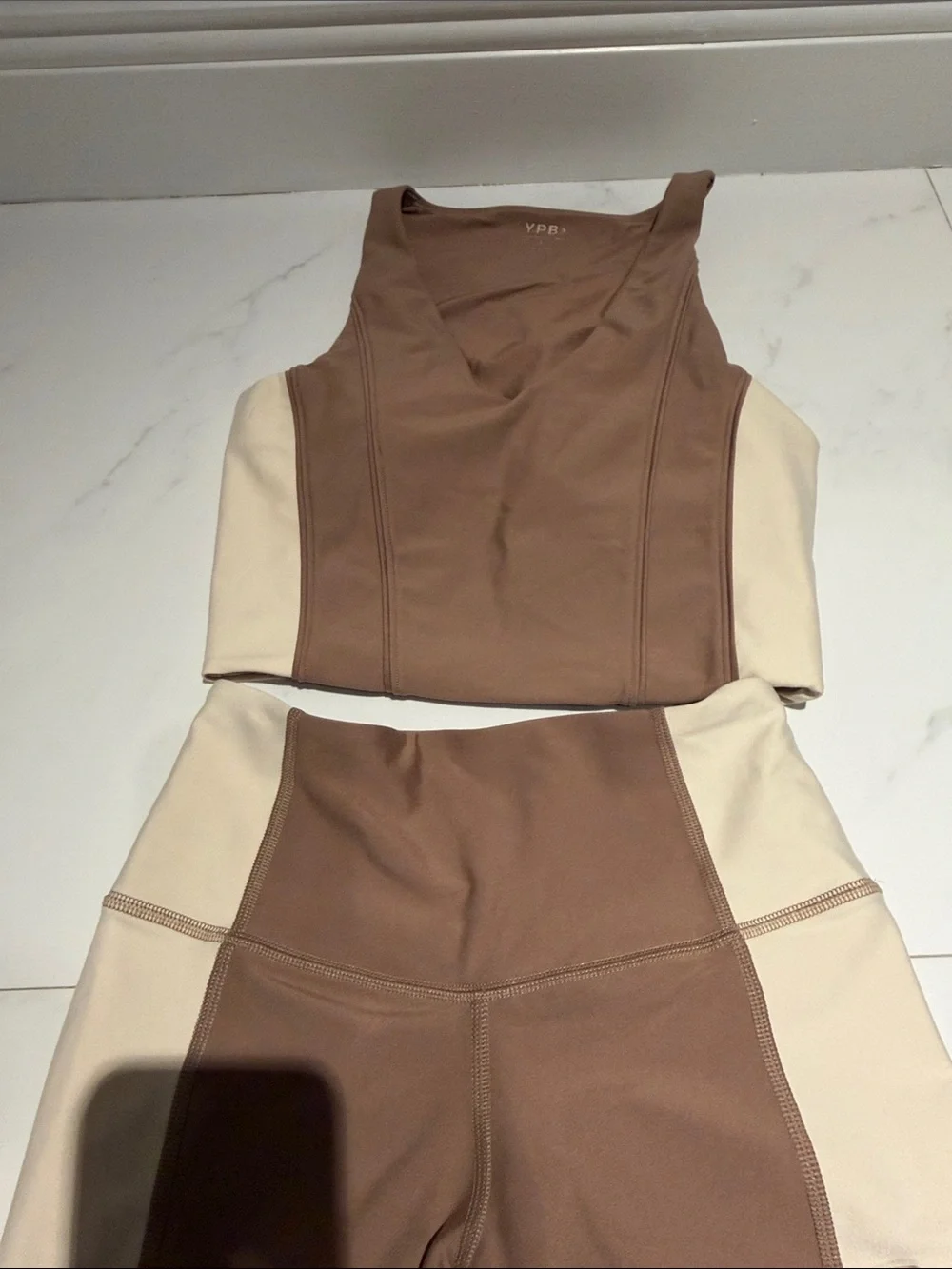 High-Waist Two-Tone Brown & Cream Leggings with Matching Crop Top